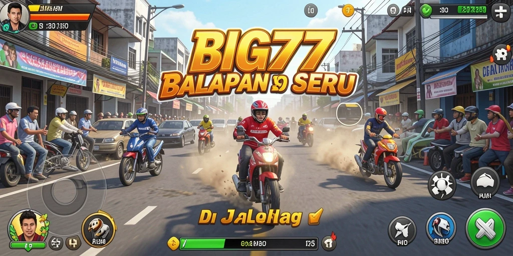 Gambaran gameplay balapan yang mendebarkan di BIG77.