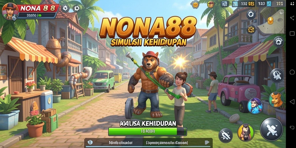 Screenshot NONA88 menunjukkan karakter yang berinteraksi dalam lingkungan virtual yang ramai.